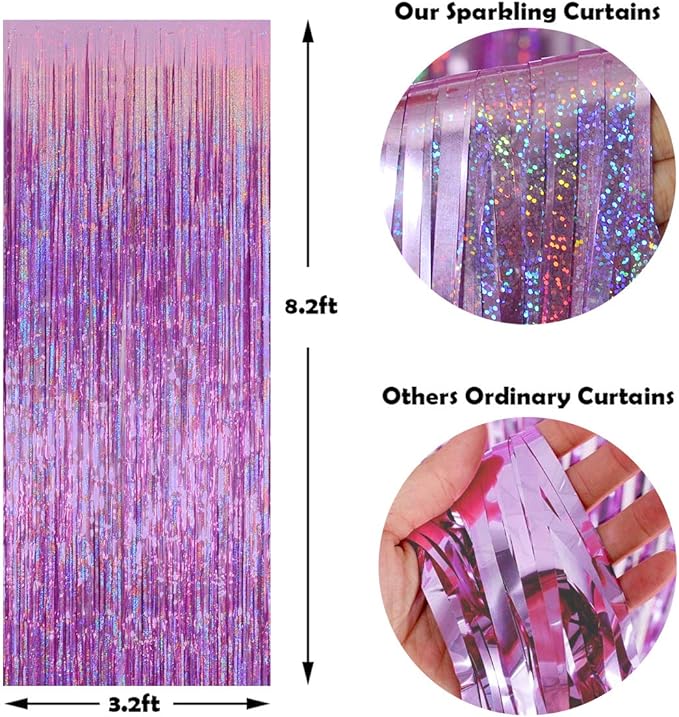 Melsan 3 Pack 3.2 x 8.2 ft Sparkling Pinkish Purple Tinsel Fringe Curtain Backdrop k pop Demon Hunters Party Decorations Glitter Decor for Birthdays, Bachelorette, Weddings, Photo Booth