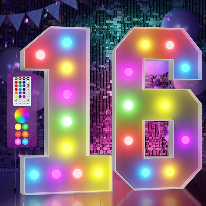 Marquee Numbers Colorful 16th-Birthday Decoration: 4FT Large Light Up Sweet 16 Year Old Birthday Decorations Anniversary Backdrop for Boys Girls Cardboard Sign 18 Colors Number 16 Mosaic Balloon Frame
