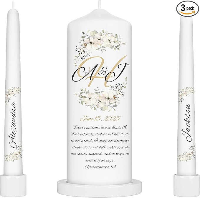 Unity Candles for Wedding, Modern Unity Set, Custom and Personalized Pillar and Taper Candles with Bible Quote, Unscented White Premium Wax, Religious and Wedding Ceremony, Special Events (Camellia)