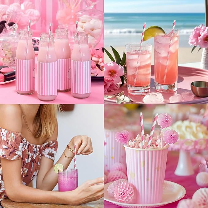 Pink White Striped Paper Drinking Straws 7.75 inch 100 Counts - for Cocktail, Party, Wedding, Baby Shower, Decoration, Crafts