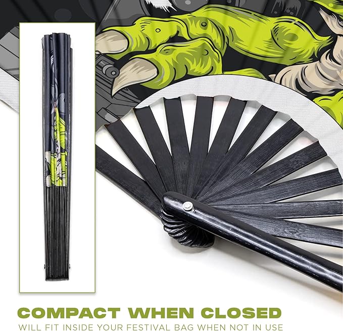 GloFX Folding Fan - DJ Dino - Large Rave Clack Folding Hand Fan for Men/Women - for EDM, Music Festival, Club, Event, Party, Dance, Performance, Decoration, Gift