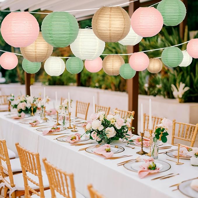 ADLKGG Paper Lanterns Party Decorative, Round Hanging Paper Lanterns Wedding Decorations for Sage Green Bridal Shower Birthday Rustic Party Neutral Baby Shower Home Decor Sage Green/Pink/Brown 21pcs