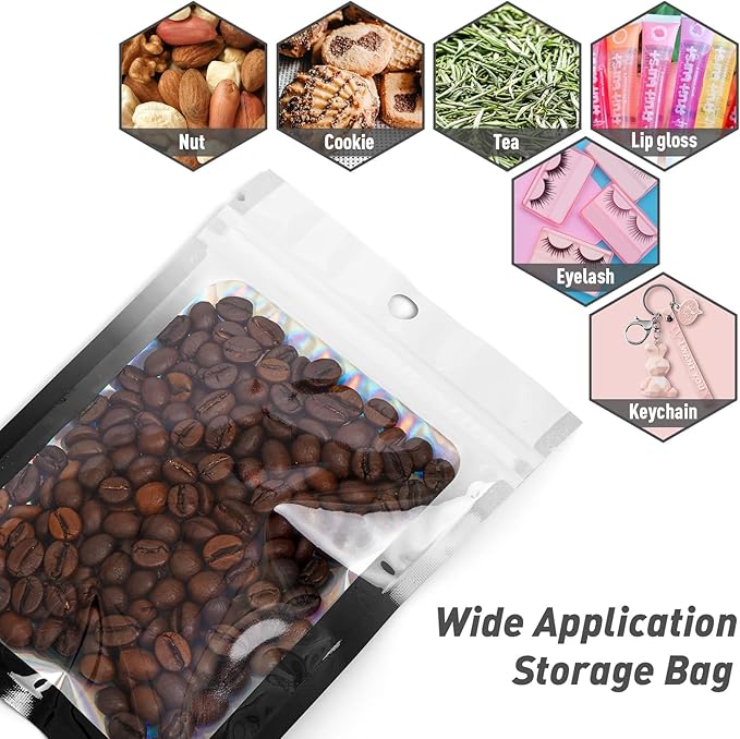 Funfery 100 Pack Gradient Holographic Bags,Resealable Bags with Zipper,Clear Window Packaging Pouchs,Foil Bag for Food Storage,Small Business,Sample Jewelry Bag(3.1×5.1In,White Black)