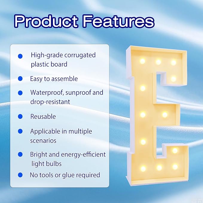 4FT Marquee Plastic Letters E - Light up Letters E Are Made from Corrugated Plastic Board - Quick Assembly Without Tools, Disassembled Components Can Be Used for Garage Sale Signs, Yard Sale Signs