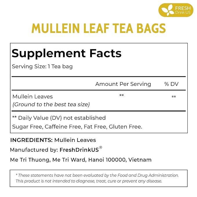 FreshDrinkUS, Premium 35 Mullein Leaf Tea Bags For Lung, 100% Natural & Pure from Mullein Leaves. Loose Leaf Mullein Herbal Tea. Made with Natural Material Tea Bags. No Sugar, No Caffeine, No Gluten, Vegan.