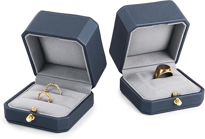 Oirlv Premium Leather Double Ring Box for Wedding Ceremony Engagement Couple Rings Holder Jewelry Gift Box(Blue,Double)