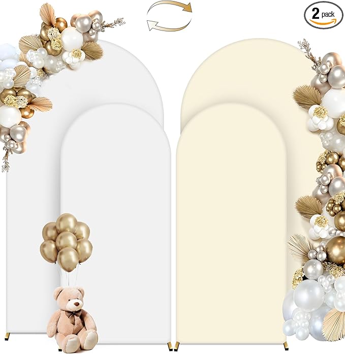 HEMMOTOP White and Light Beige Arch Backdrop Cover 7.2 ft, 6ft, Wedding Arch Covers Stretchy Backdrop 2 Set, Double Color Spandex Arched Background for Birthday Party, Baby Shower