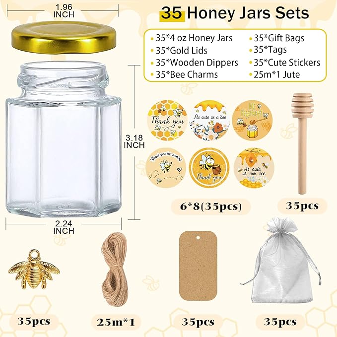 Aliggbent 35 Pack Small Honey Jars for Party Favors in Bulk, 4 oz Mini Hexagon Glass Honey Jars with Dippers, Lids, Cute Stickers, Bee Charms, Gift Bags & Jute for Baby Showers, Weddings, Birthdays