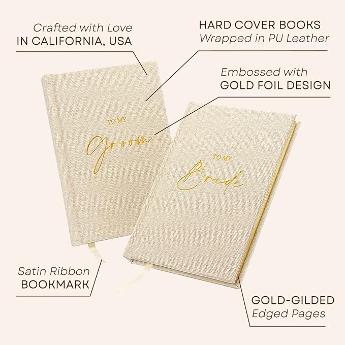 MUUJEE Hard Cover Vow Books (Set of 2) - Foil Embossed Wedding Ceremony Vow Renewal Speech Books, Couple Gifts for Engagement (To My Bride/Groom)