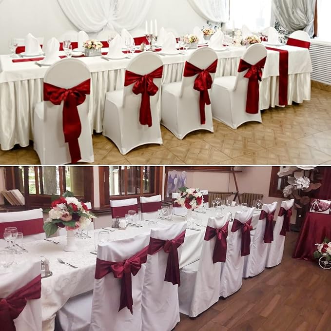 100 PCS Satin Chair Sashes Decorative Bow Satin Chair Sashes Ties Seat Ribbon Bows Chairs Cover Band for Wedding Party Event Ceremony Reception Holiday Banquet Home Kitchen Decor(7 x108 inch,Burgundy)