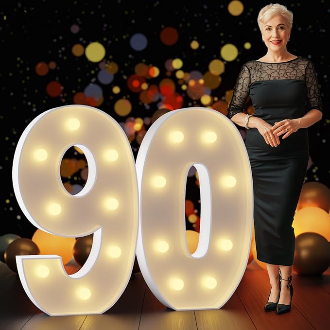 Marquee Numbers 3 Feet Tall Large Light Up Numbers 90th Birthday Decorations Women Men Big Yellow Light Outdoor Anniversary Decorations Balloon Arch Kit Party Backdrop 90