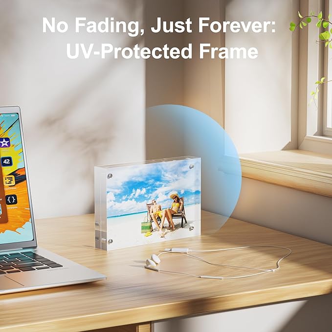 3 Pack 5x5 Acrylic Picture Frames - 20% Thicker Double Sided Magnetic Frame with UV Protection - Freestanding Clear Frameless Display for Tabletops - Modern Photo Frame Set for Home & Office Decor
