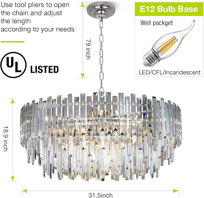 Crystal Chandelier Lighting 31'' for Dining Rooms Bedroom Foyer Entryway Ceiling Hanging Pendant Chandelier Light Fixture Lamp