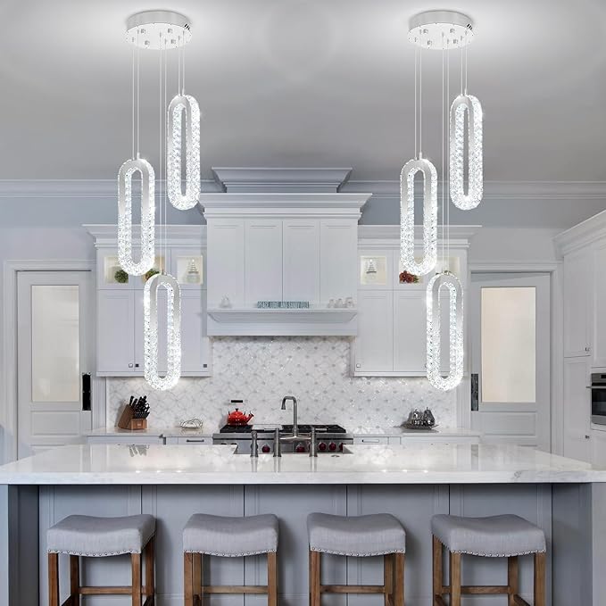 3-Light Modern Pendant Light for Kitchen Island Crystal Ring Chandelier Silver LED Pendant Lighting Fixture for Dining Room Kitchen Living Room Foyer Hallway Bedroom