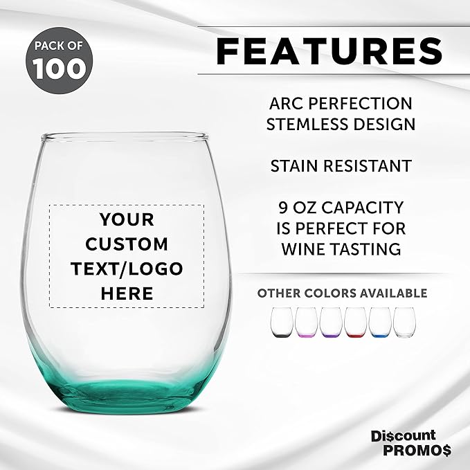 Custom Stemless Wine Glass 9 oz. Set of 100, Personalized Bulk Pack - Great for Wedding Favors, Bachelorette Party Decorations, Party Favors, Color Bottom - Green
