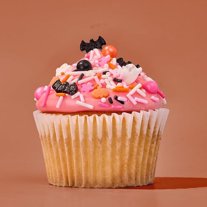 Fancy Sprinkles Limited Edition Halloween Glam Reaper Sprinkles Pink, Orange, Black, and White Crunchy Jimmies Candy Pearls, Bats and Pumpkins (0.5c)