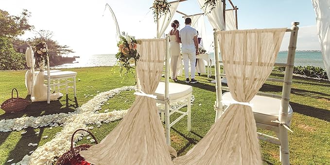 50 PCS Cheesecloth Chair Sashes, Bows Designed ChairSashes, 15.7x70 inch Chair Sashes for Aisle Decorations Universal Chairs Cover Decoration for Wedding Reception Party Banquet (Beige)