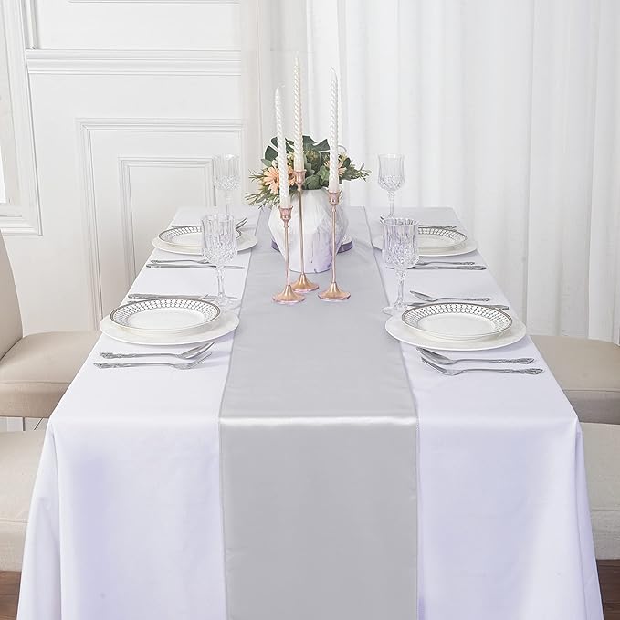 6Pack Table Runner 12 x 108 Inches Satin Silk Table Runner for Wedding, Birthday Party, Banquets, Graduations Decoration, fit Rectange and Round Table-Silver