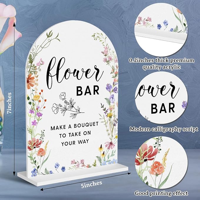 Acrylic Wedding Signs, Flower Bar Signs for Marriage Reception, Flower Bar Desk Decor, Modern Arched Round Top Acrylic Table Top Sign with Holder for Wedding Reception Party (White Wildflowers)