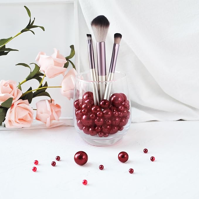 520Pcs WineRed Beads for Centerpieces Decor, Artifical Pearls Vase Filler, Large Beads for Makeup Brush, No Hole Round Pearl Beads for Wedding Birthday Christmas Party Home Decor(18mm 14mm 6mm)
