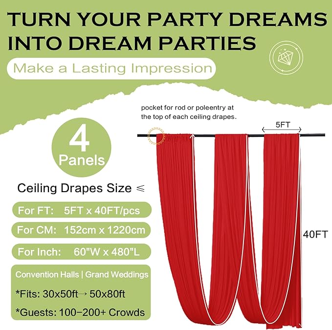 PartyVillage 20ftx40ft Red Ceiling Curtain for Wedding Parties – 4 Panels Wrinkle-Free 40 FT Long Tent Draping Curtains for Wedding, Birthday & Theme Parties, 40ft Height with Rod Pocket