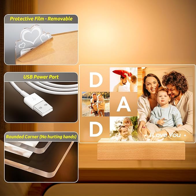 Personalized DAD Picture Frames, Customized Photo Frame with Night Light, Custom Picture Frames, Best Dad Ever Gifts, Personalized Christmas Birthday Gifts for Dad from Daughter Son Wife