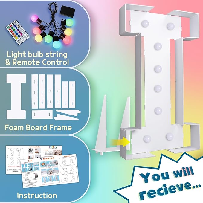 imprsv 3FT Colorful Marquee Light Up Letters I, 18 Colors Large Light up Letters Alphabet Sign with Remote, Big Marry Me Sign, Birthday Party Decorations Baby Shower Anniversary Wedding Decoration