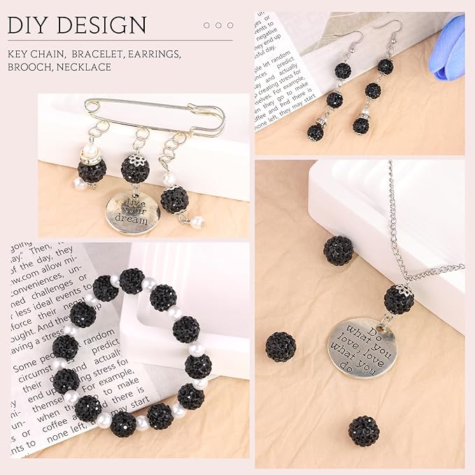 100 pcs 10mm Rhinestone Beads for Jewelry Making, Black Shiny Round Shamballa Disco Beads Bulk, Sparkle Crystal Clay Christmas for Bracelet Baseball Necklace Earring Crafting and DIY