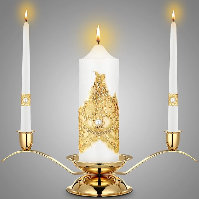 Irenare Unity Candles with Holder for Wedding Ceremony Wedding Decortions Accessories Glass Candle Holder Pillar Candle for Formal Events Church(Gold Wedding)