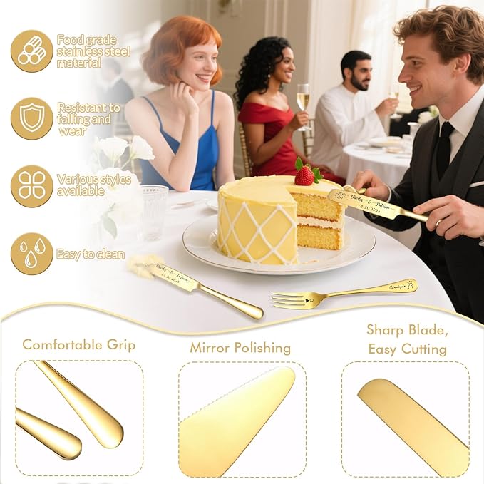 Custom Wedding Cake Knife and Server Set Personalized Cake Cutter with Engraved Text Bridal Cake Cutting Set with Gift Box for Weddings Anniversary Birthday (Gold - with fork)