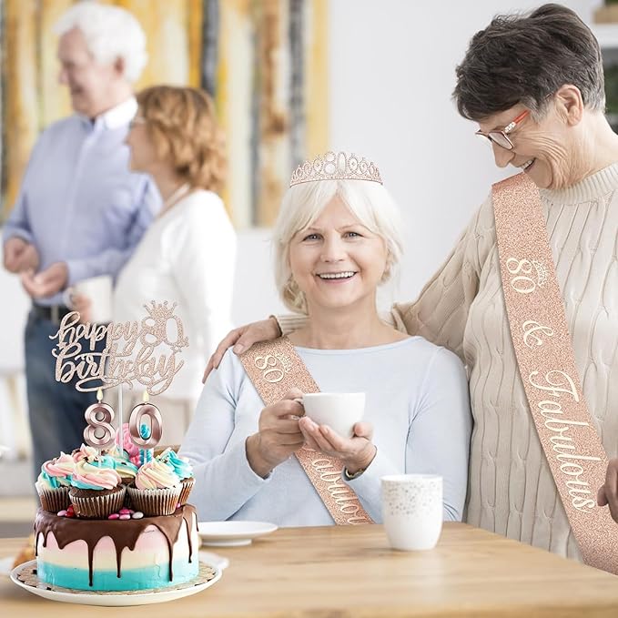 80th Birthday Decorations for Women, Including 80th Birthday Sash and Crown, Cake Topper and Candles, 80 Year Old Gifts for Women