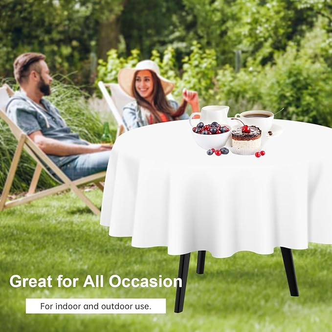 QIKSION White Round Tablecloth 6 Pack, 84 Inch Plastic Table Cover Disposable for Parties