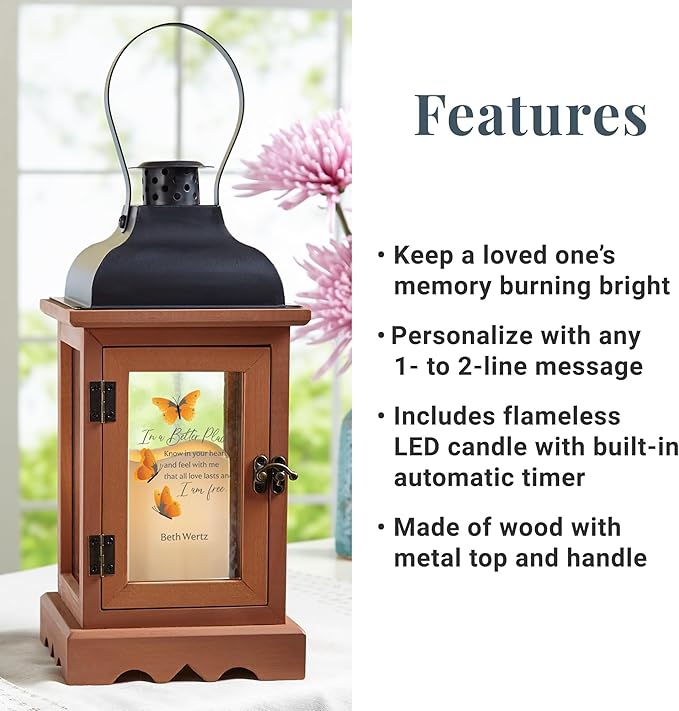Let's Make Memories Personalized Memorial Lantern - Sympathy - Condolences - in Memory - LED Candle - Automatic Timer - Wood/Metal - I Am Free