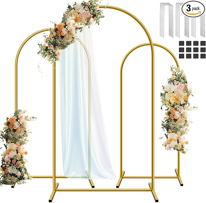 Hemmotop Metal Arch Backdrop Stand Set of 3, 6 ft/ 5 ft/ 4 ft Party Arch Stands for Wedding, Birthday, Baby Shower, Bridal Shower - Balloon Arched Frame for Garden Decor, Gold Floral Arches, 3 Pieces