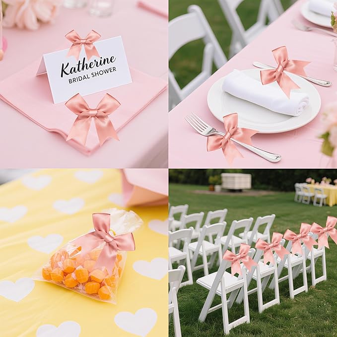 50 PCS Twist Tie Bows Satin Ribbon Bows 3.3 Inch Gift Wrap Bows Craft Bows for Gift Wrapping, Party Decorations Gifts Bag DIY Treat Bags Wedding Decor Baby Shower Christmas (Rose Pink)