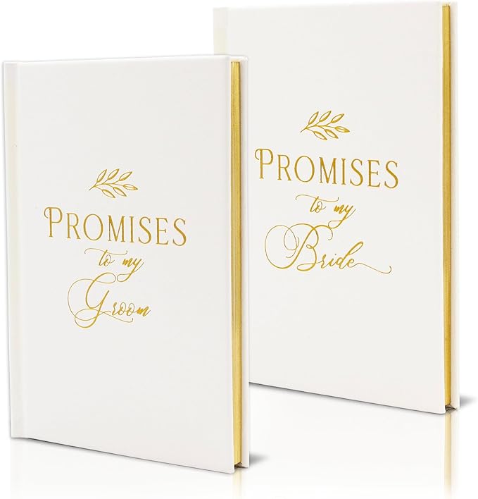 Promises To My Groom & Bride Wedding Vow Books (Set of 2) - Pocket Sized Gold Foil Embossed White Wedding Ceremony Vow Renewal Speech Notebook Planner, Gift for Wife & Husband Newly Engaged Couple
