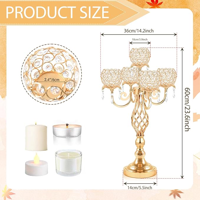 5-Arm Crystal Candelabra Centerpiece 23.2" Tall - Elegant Candle Holder Stand with Crystal Bowl, Chic Table Decor for Weddings, Parties, Anniversary & Home Decoration (2, Gold)