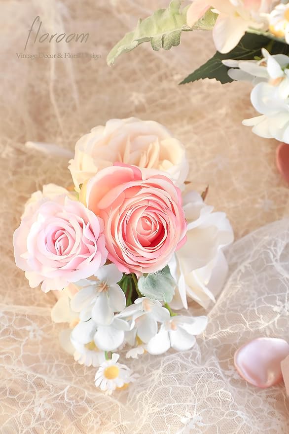 Floroom Blush Cream Artificial Flowers Fake Roses Peonies Dahlia and Greenery Combo Box Set for DIY Wedding Bouquets Bridal Shower Centerpieces Floral Arrangements Party Tables Home Decorations
