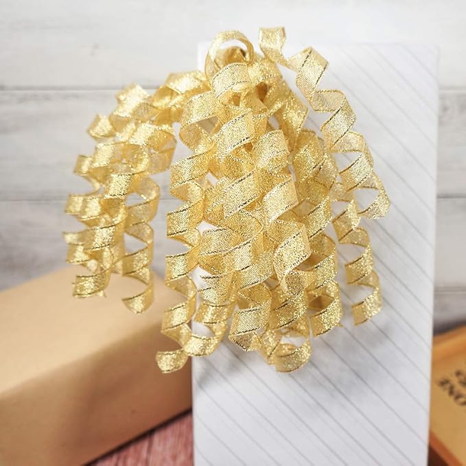 CT CRAFT LLC Gold Metallic Curly Ribbon Bow 6" Long x 6 Counts Gift Wrapping Pre-Tied Self-Adhesive Tab for Birthday Present Box Wine Bottle Baby Shower Party Christmas Hanukah