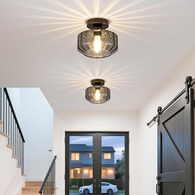 Smoked Glass Flush Mount Ceiling Light with 1200LM LED - Black Champagne Gold 8.66" Damp Rated Fixture for Bathroom Kitchen Hallway Modern Lighting
