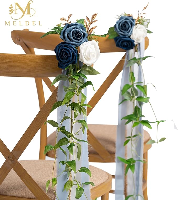 Meldel 10Pcs Elegnat Wedding Chair Back Decorations Aisle Artificial Blue White Rose Flowers Garland with Ribbion for Ceremony Reception and Reception Seating Arrangements Party Outdoor Decor