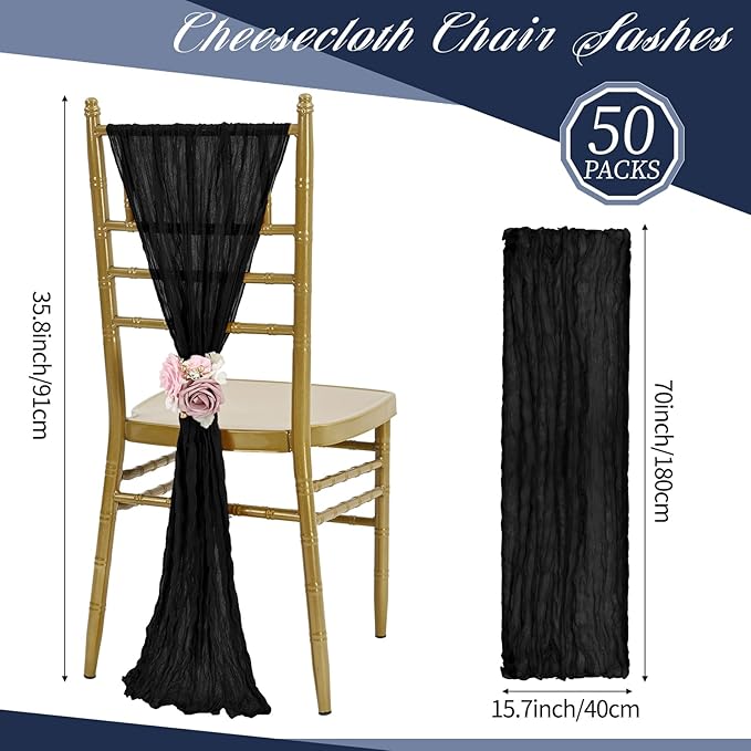 50 PCS Cheesecloth Chair Sashes, Bows Designed ChairSashes, 15.7x70 inch Chair Sashes for Aisle Decorations Universal Chairs Cover Decoration for Wedding Reception Party Banquet (Black)