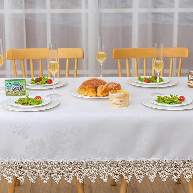 White lace Premium Rectangle Farmhouse Tablecloth Waterproof OilProof SpillProof AntiShrink Soft Wrinkle Resistant Decorative Fabric Table Cover Kitchen Dinning Party Wedding Banquet