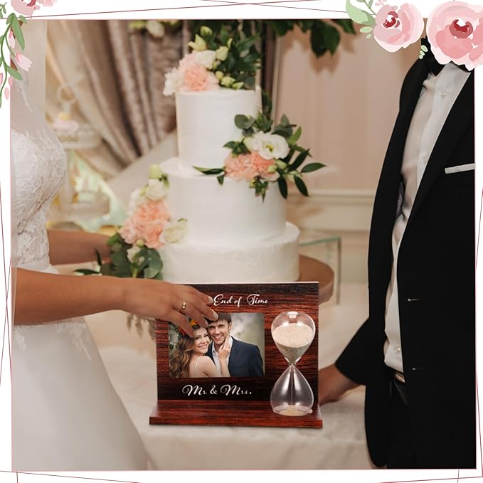 Blosssound Wedding Sand Ceremony Set Wooden Photo Frame, Hourglass Funnel, Sand, Glass Bottles, Mr and Mrs Until The End of Time Unity Kit for Weddings Ceremony Party Supplies(Walnut)