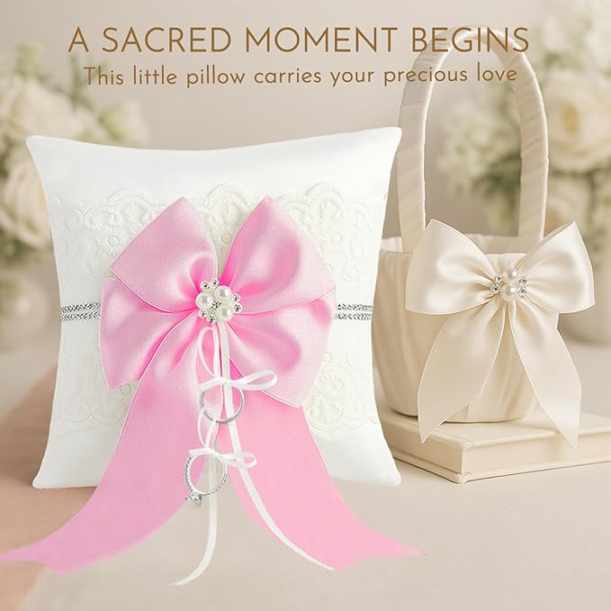 Wedding Ring Bearer Pillow: 8.2 x 8.2 Inch Satin Lace Cushion with Pink Pearl Bow for Ceremony Vows - Secure Ring Holder for Flower Boy or Girl