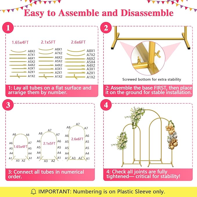 Metal Arch Backdrop Stand, Set of 3 (4/5/6 ft) Wedding Arched Frame with 12 Ground Nails, Stable Arched Background Stand for Wedding, Baby Shower, Birthday Party, Photography, Gold