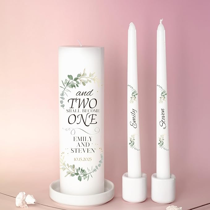 Unity Candles for Wedding, Modern Unity Set, Custom and Personalized Pillar and Taper Candles with Quote, Unscented White Premium Wax, Religious and Wedding Ceremony, Special Events (Custom Date)