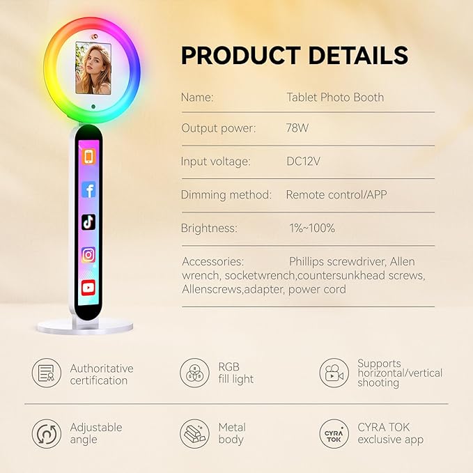 Photo Booth Stand Compatible with 10.2"-12.9" iPad, Large Light Box Customized Logo Photobooth Machine Cyratok APP Software Control Ring Light,Perfect for Wedding/Parties/Birthday(Flight Case)