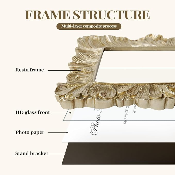 Cuspin 6x6 Gold Picture Frame, Vintage Gold Palm Leaves Textured Hand-Crafted Resin Frames with Glass Front, Retro Square Photo Frame for Wall and Tabletop Display Home Decor