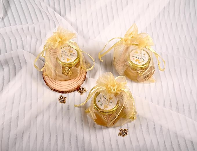 Adabocute Mini Honey Jars with Dipper - Hexagon Honey Pot Set with Gold Lid, Bee Pendants, Jutes, Gold Organza Bags and Stickers - Perfect for Baby Shower Party Favors Wedding Favors, 60 Pack 1.5oz